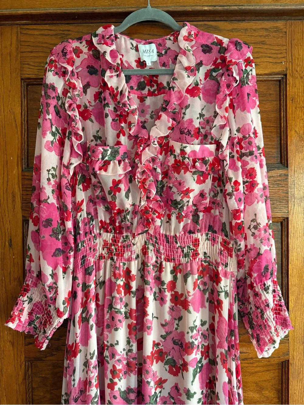 MISA Samantha Dress Flowy Floral Midi Ruffle Long Sleeve V Neck US L - Picture 3 of 15